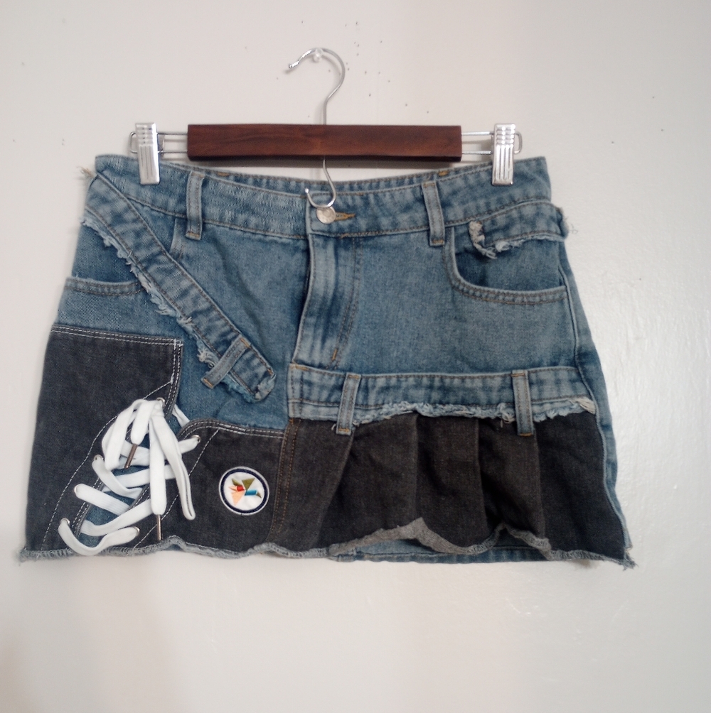AKIRA Blue and Black Patchwork Mini Skirt